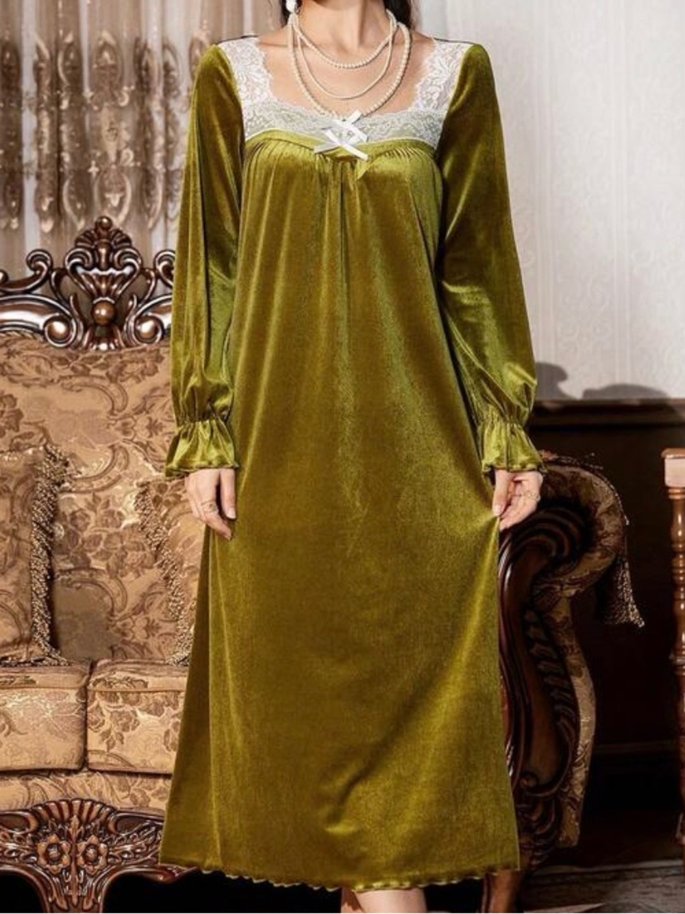 Velvet Lace-Trim Long Nightgown in Olive Green